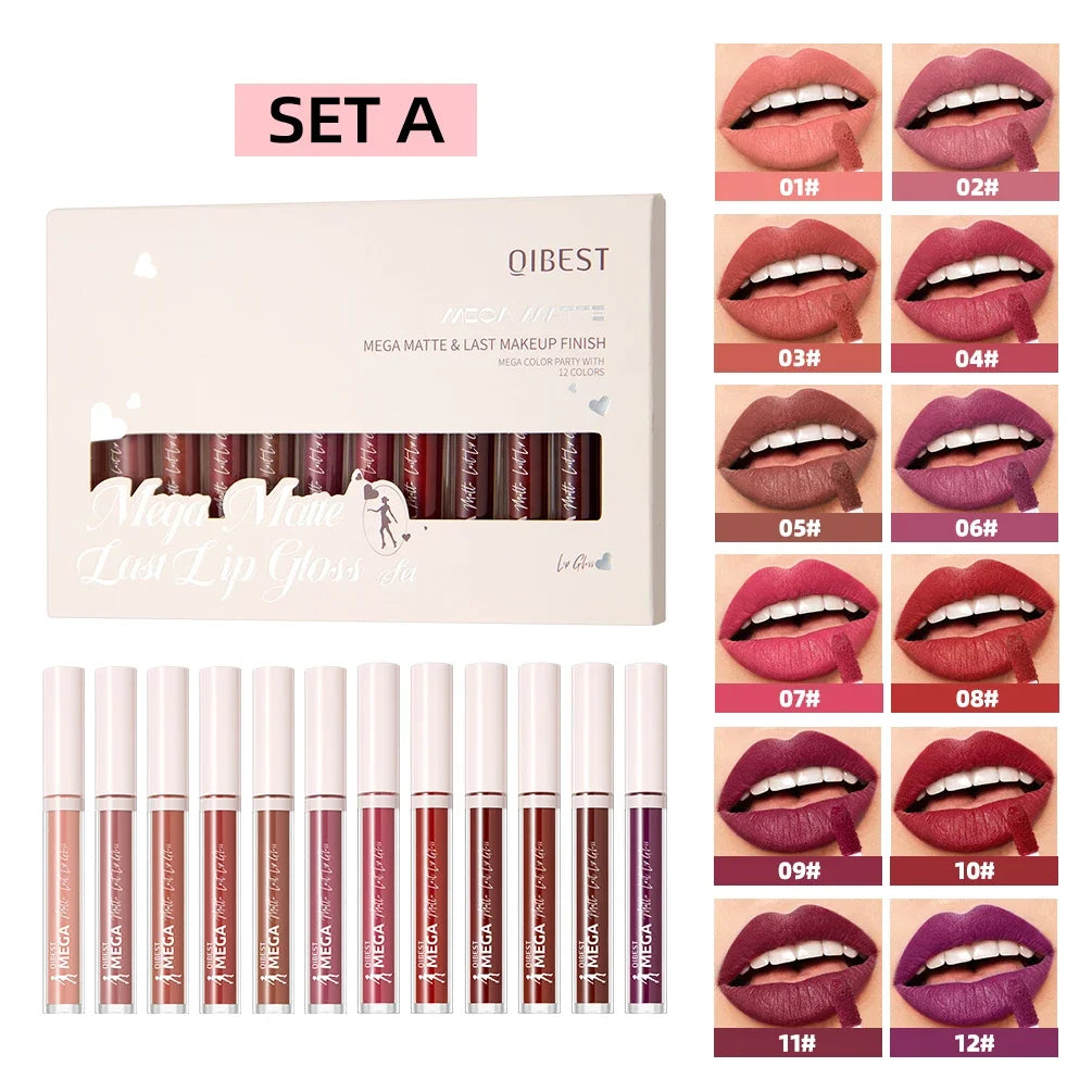 QIBEST 12pcs/set Nude Lip Gloss Matte Velvet Lipstick Waterproof Long-lasting Liquid Lipstick Women Makeup Moist Lip Glaze Tint Peaceful Pleasures Health and Wellness 12 Colors Set A