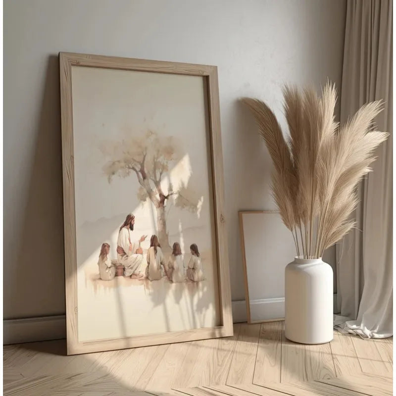 Retro Watercolor Jesus with Children Portrait Christian Religious Poster Canvas Painting Wall Art Pictures Home Decor Gift Peaceful Pleasures Health and Wellness