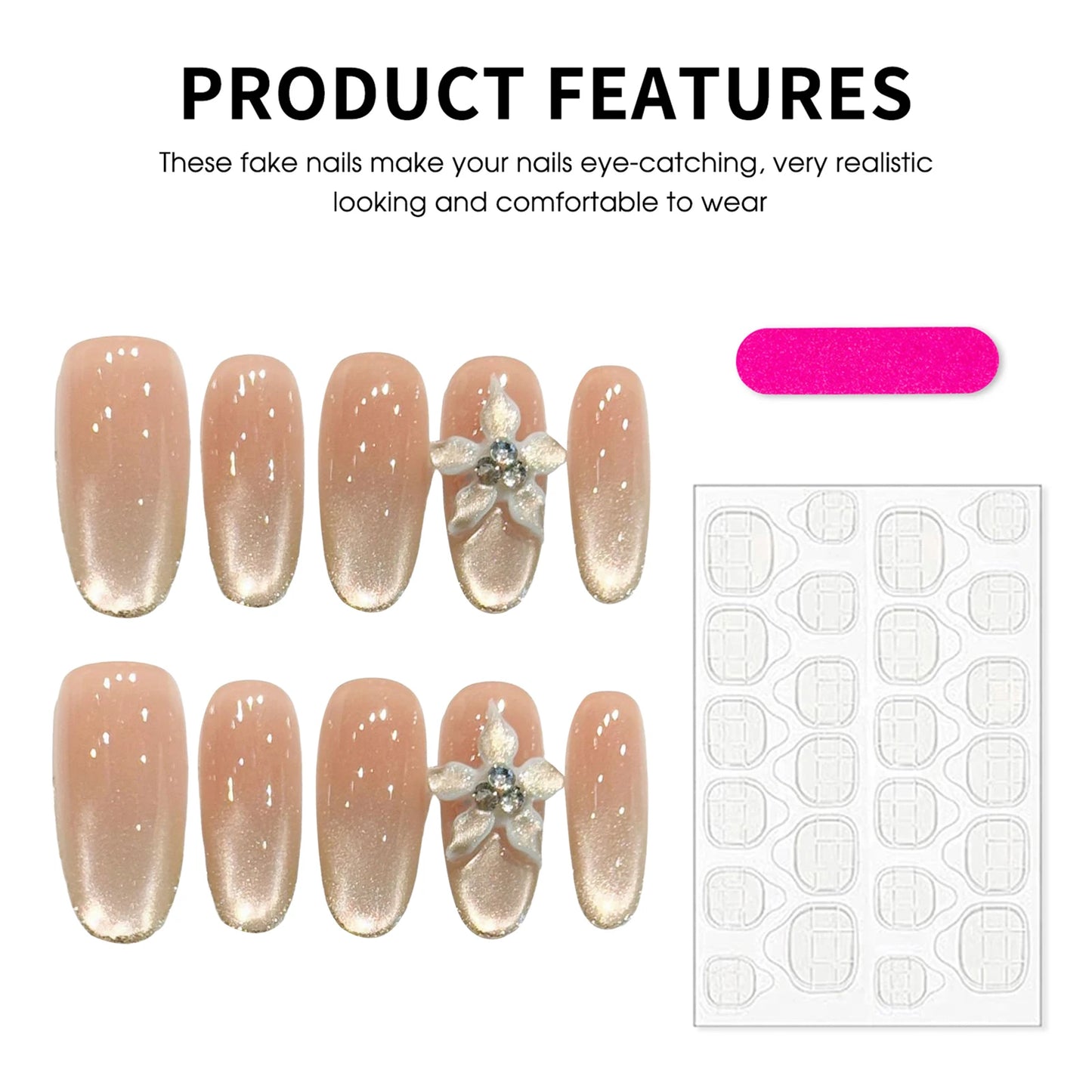Oval Nude Gradient Press On Nails | Cat Eye Gold Edge 3D Set