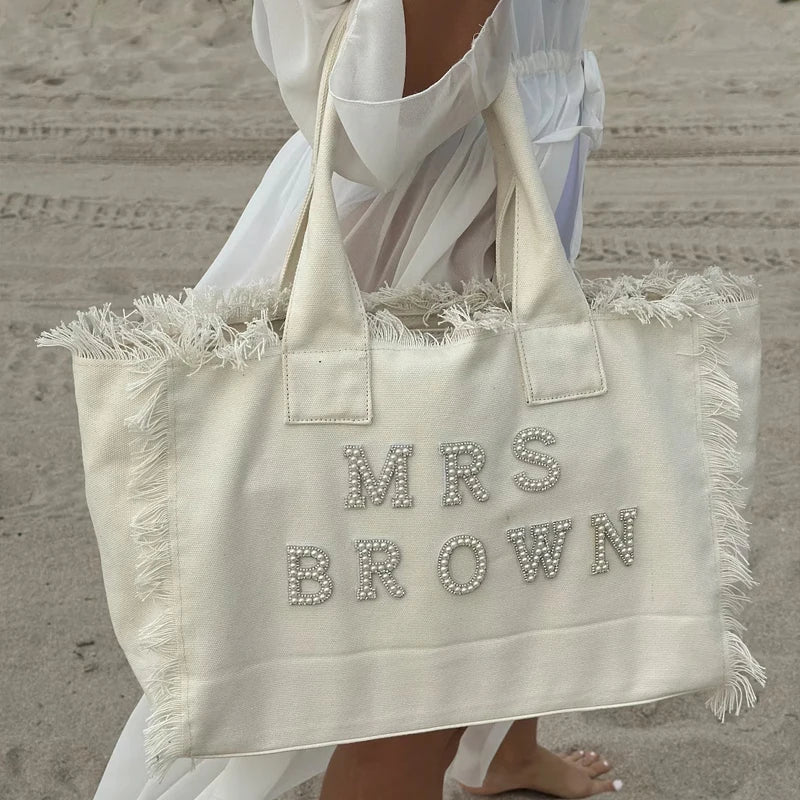 Personalized Mrs Fringe Tote Bag with Pearls | Bridal Gift