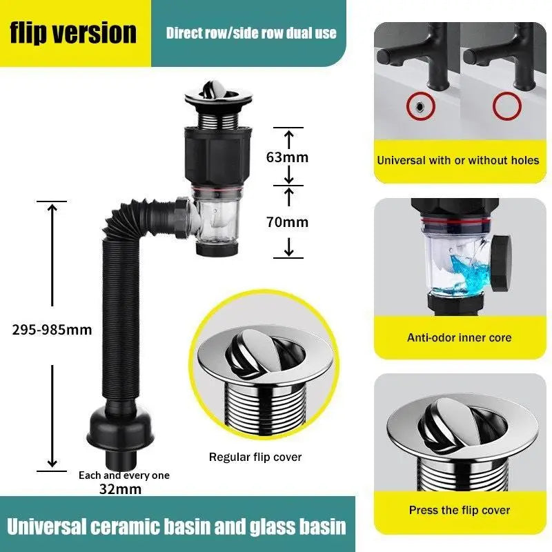 Anti Odor Drainage Pipe Universal Flip Stainless Steel Washbasin Washbasin Sink Wall Drainage Pipe Kitchen Bathroom Accessories Peaceful Pleasures Health and Wellness