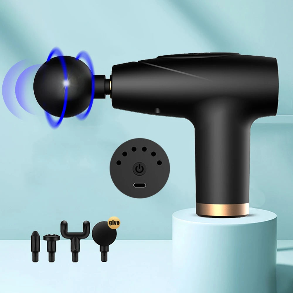 Black 4-Head Mini Fascia Gun Multi-Stage Massage Gun Muscle Relaxation Massage Equipment Portable Vibration Massager Peaceful Pleasures Health and Wellness