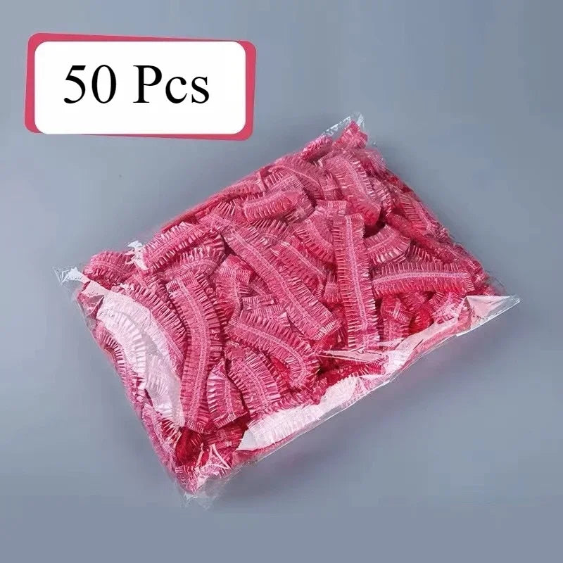 Disposable Caps Bag Transparent Shower Cap Pouch Cosmetic Mesh Cap Water Proof Organizer Hair Bonnet Organizers Home Tent Belt Peaceful Pleasures Health and Wellness Pink-50Pcs