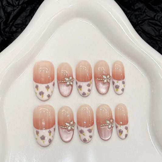 10pcs Handmade Press-On Nails Spring Flowers Korean Cat Eye Press-On Nails Peaceful Pleasures Health and Wellness L