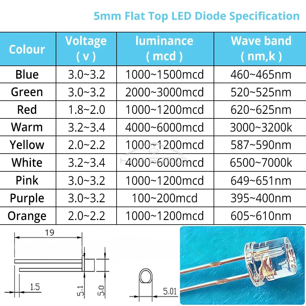 1000Pcs 5mm Flat Top LED Diodes | Ultra Bright Multi-Color Bulbs