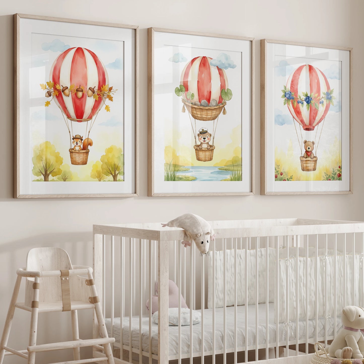Watercolor Hot Air Balloon Animals Canvas Wall Art | Kids Room