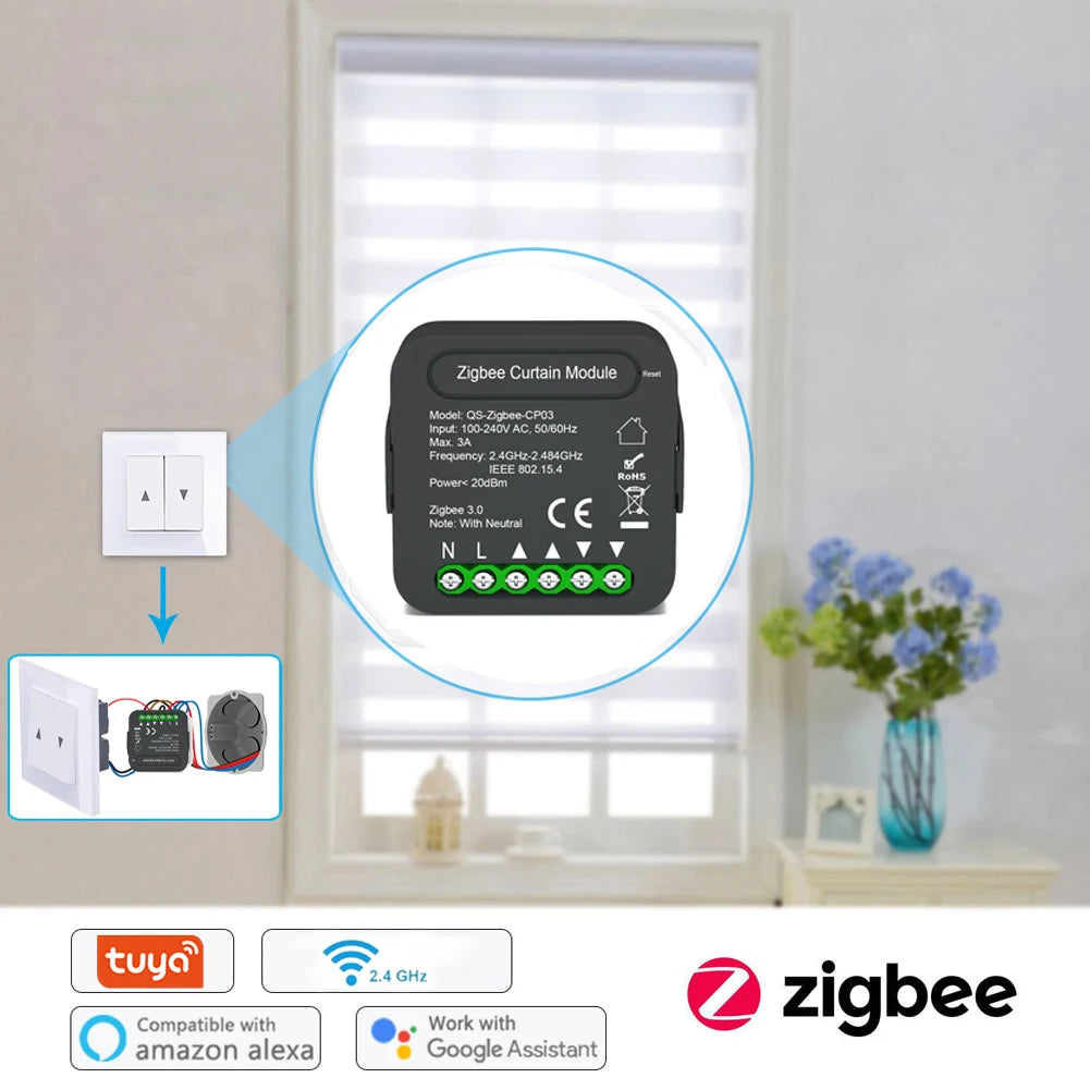 QS-Zigbee/Wifi-CP03 Tuya ZigBee/WiFi Curtain Switch Module for Roller Shutter Blinds Motor Smart Home Google Home Alexa Control Peaceful Pleasures Health and Wellness