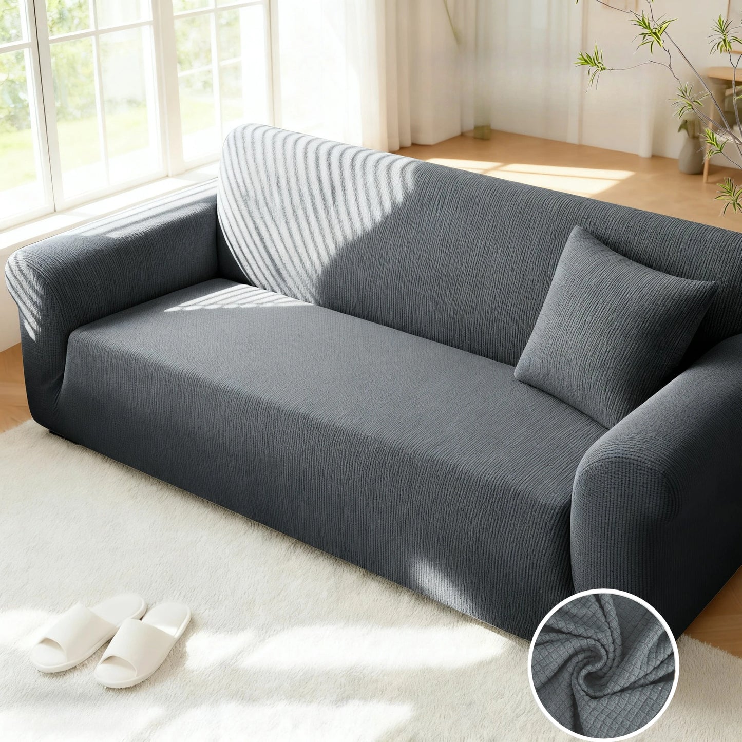 Jacquard Sofa Cover For Living Room Elastic Thick Jacquard Sofa Cover For L-shaped Corner Sofa Cover 1/2/3Seater with Pillowcase Peaceful Pleasures Health and Wellness Grey Mini Grid 1 Seater 90-140cm