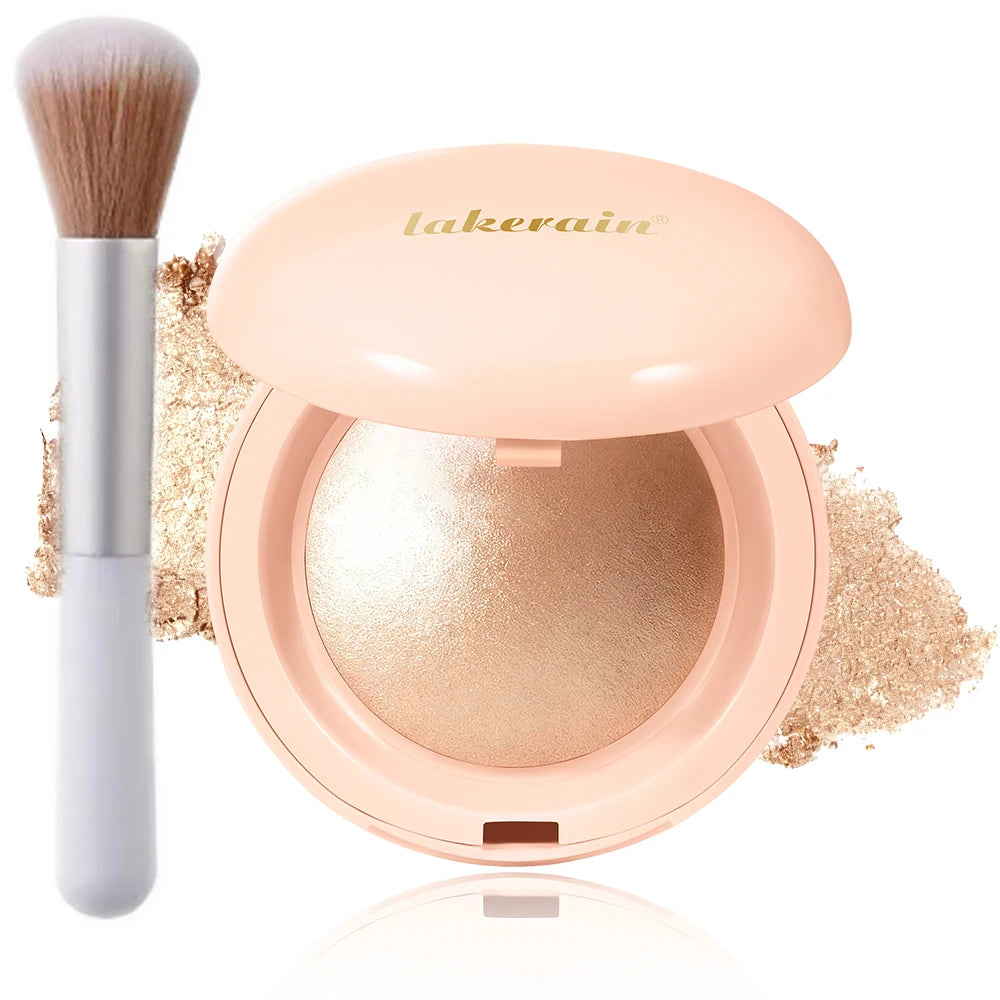 Baked Shimmer Highlighter Powder With Brush Waterproof Long Lasting Face Glow Illuminator Natural Contouring Glitter Makeup Peaceful Pleasures Health and Wellness 1Champagne Golden