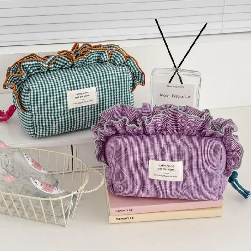 Women's Vintage Gingham Cosmetic Makeup Bag With Ruffled Edges-Large Capacity Organizer For Daily Travel Peaceful Pleasures Health and Wellness