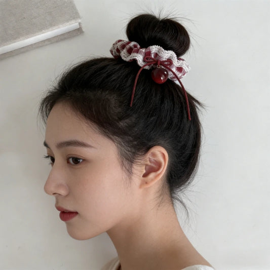 New Red Plaid Cherry Scrunchie Korean Windmill Hair Ring Cute Cherry Square Scarf Design Sweet Hair Accessories for Daily Outfit Peaceful Pleasures Health and Wellness