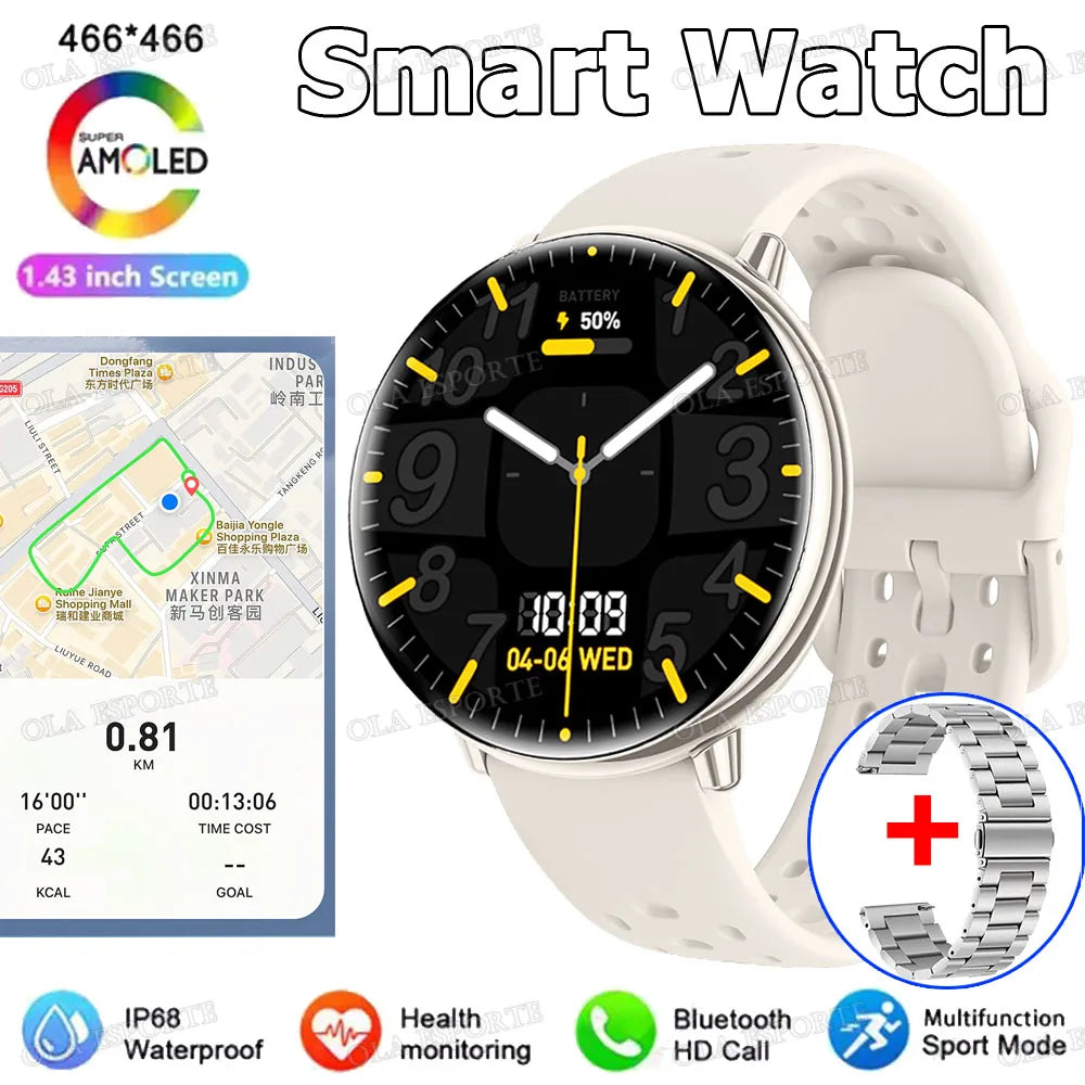 New Smart Watch GPS 1.43 Inch AMOLED IP68 Waterproof Bluetooth Call Multi-sport Mode Health Monitoring SmartWatch Men Women Gift Peaceful Pleasures Health and Wellness Silver20Szstrap