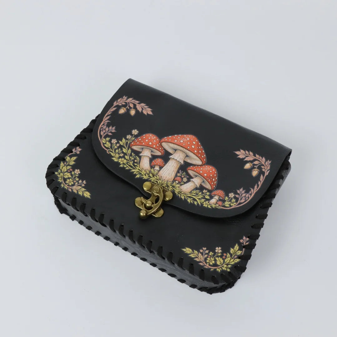 Vintage Mushroom Floral Print Black Faux Leather Belt Pouch Medieval