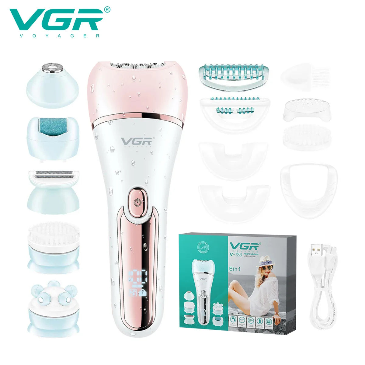 VGR 733 Epilator for Women Hair Remover Electric Epilator Leg Body Bikini Lady Shaver Facial Underarms Hair Removal Tool Peaceful Pleasures Health and Wellness V-733 pink USB