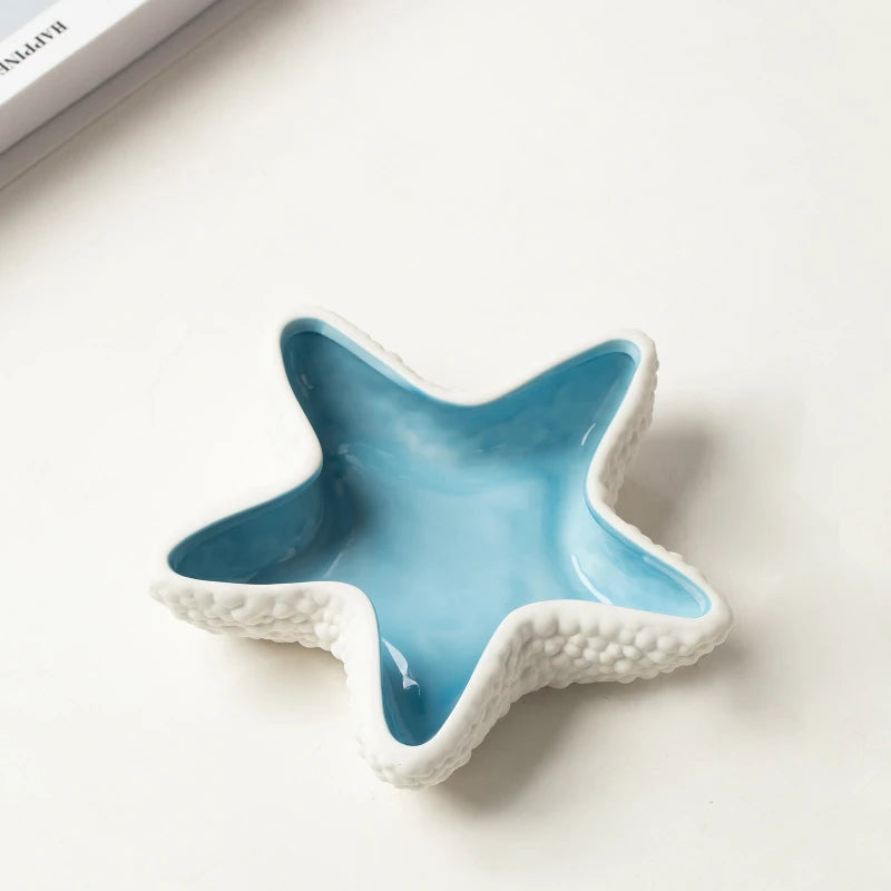 Modern White Ceramic Trinket Display Tray Custom Home Living Room Decoration Ashtray Unique 3D Starfish Ceramic Cigar ashtray Peaceful Pleasures Health and Wellness lake blue