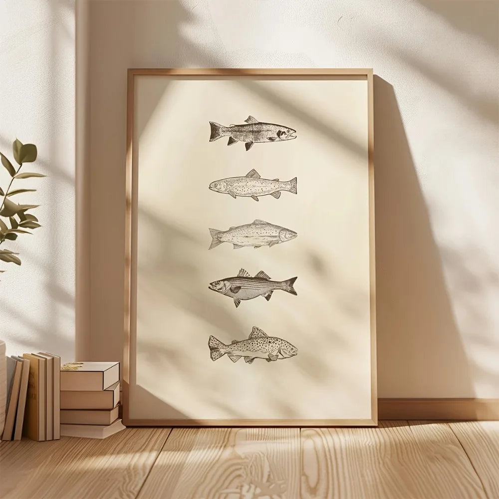 Retro Sea Fish Canvas Wall Art | Beige Fisherman Poster