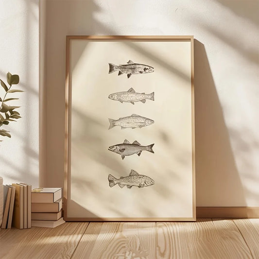 Retro Sea Fish Canvas Wall Art | Beige Fisherman Poster Canvas Wall Art Peaceful Pleasures Health and Wellness