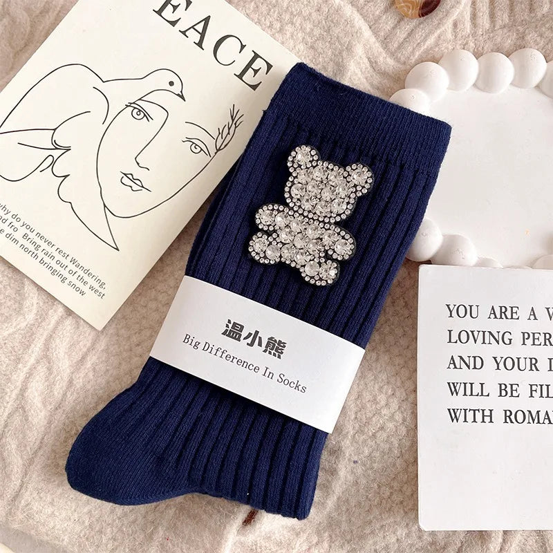 Diamond Cartoon Bear Decorative Socks, Fashionable Diamond Sparkling Women's Socks, Comfortable And Breathable Christmas Socks Peaceful Pleasures Health and Wellness Dark Navy Blue One Size