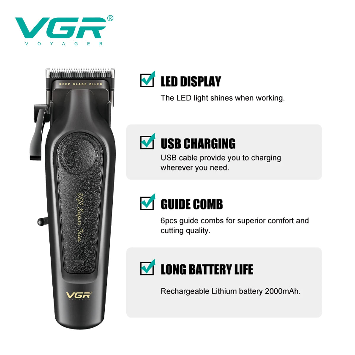VGR high-end professional hair clipper with metal leather body, hair trimmer with 7000 RPM oil head carving and push cutt V-197 Peaceful Pleasures Health and Wellness