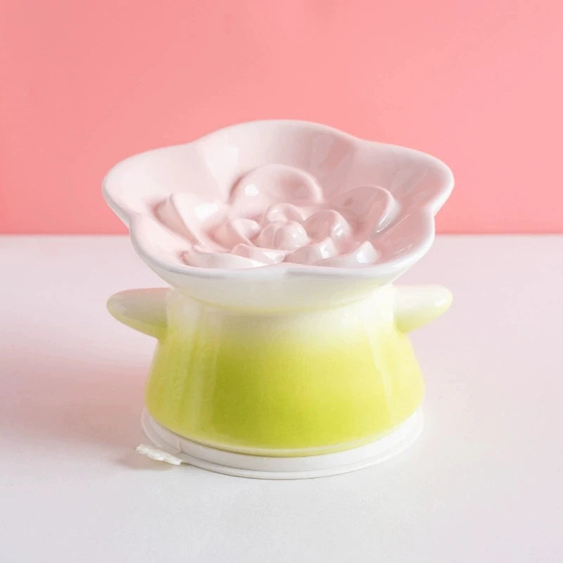 Elevated Ceramic Cat Bowl | Flower Shape Anti-Slip Tilted Feeder