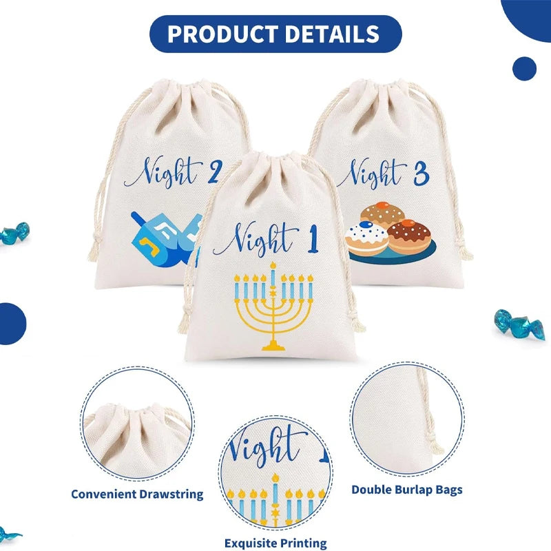 8-Night Hanukkah Countdown Advent Calendar Drawstring Gift Bags Holiday Gift Bags Peaceful Pleasures Health and Wellness