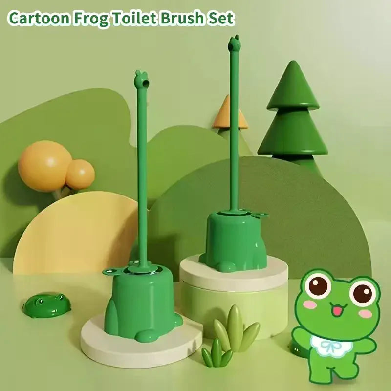 Cartoon Frog Toilet Brush with Base | Long Handle No-Drill