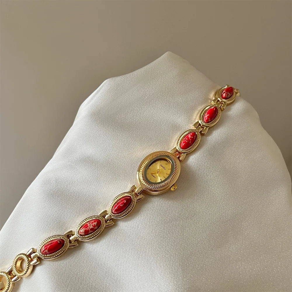 Oval Gemstone Ladies Quartz Watch – Elegant Jade Bracelet