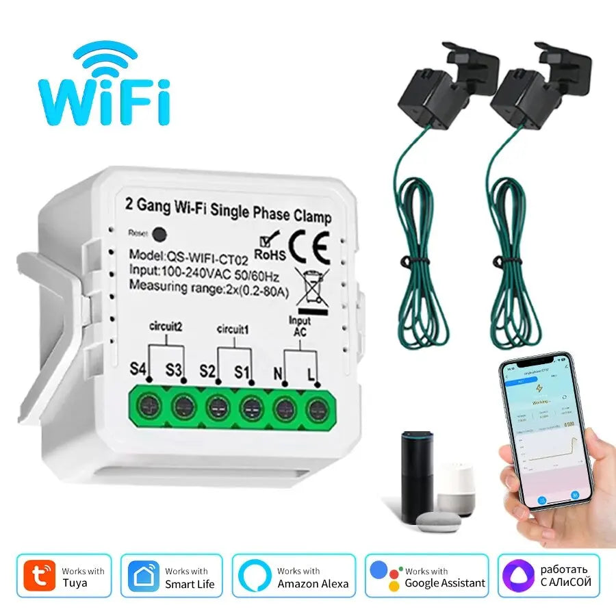 1CH 2CH Tuya WiFi Smart Energy Meter AC100-240V Current Transformer Clamp APP Control 80A Power Monitor Electricity Statistics Peaceful Pleasures Health and Wellness 2CH