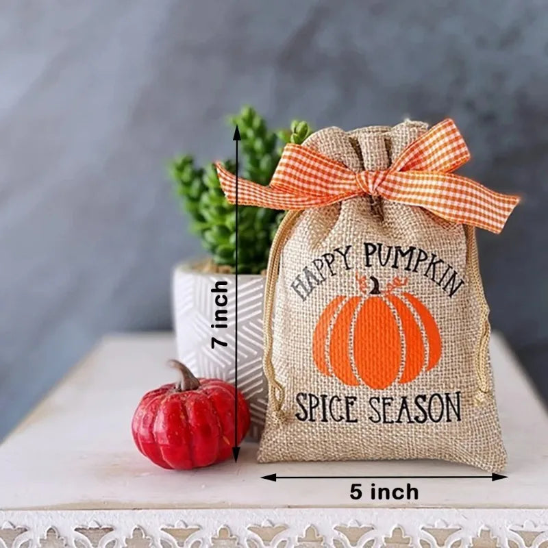 5-Pack Mini Pumpkin Burlap Drawstring Bags | Halloween Decor