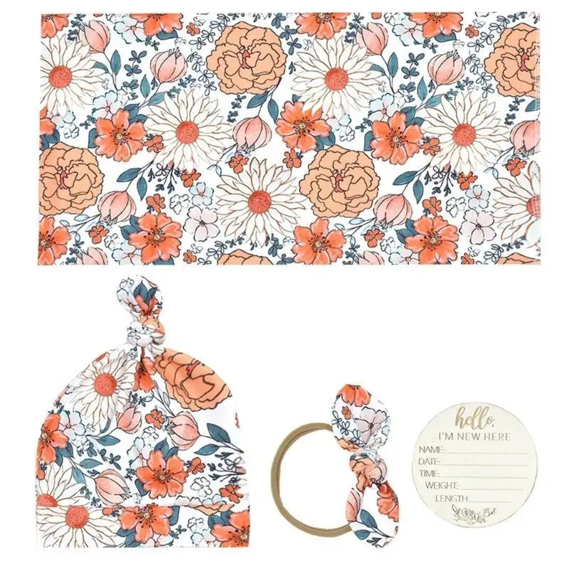 4-Piece Baby Swaddle Blanket & Hat Set | Newborn Wrap Gift