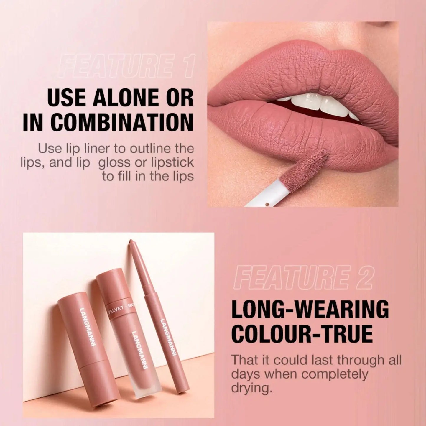 LANGMANNI 3-Piece Matte Lip Kit – Liquid Lipstick & Lipliner