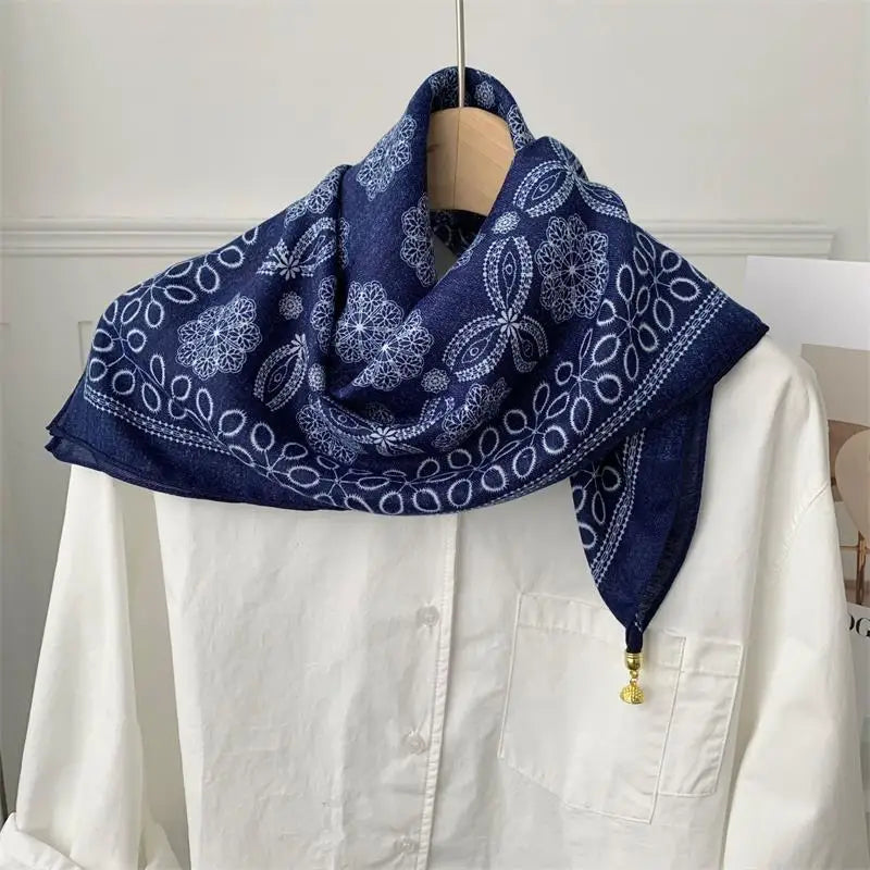 70x70 Retro Print Square Silk Scarf with Magnetic Buckle