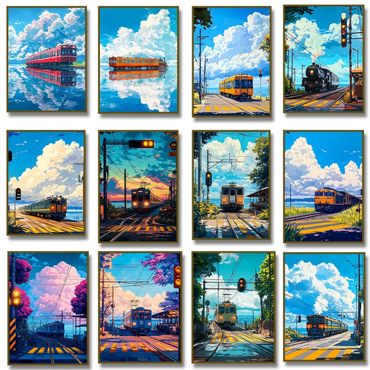 Japanese Anime Landscape Canvas Print | Tram Train Ocean Wall Art Canvas Wall Art Print Peaceful Pleasures Health and Wellness