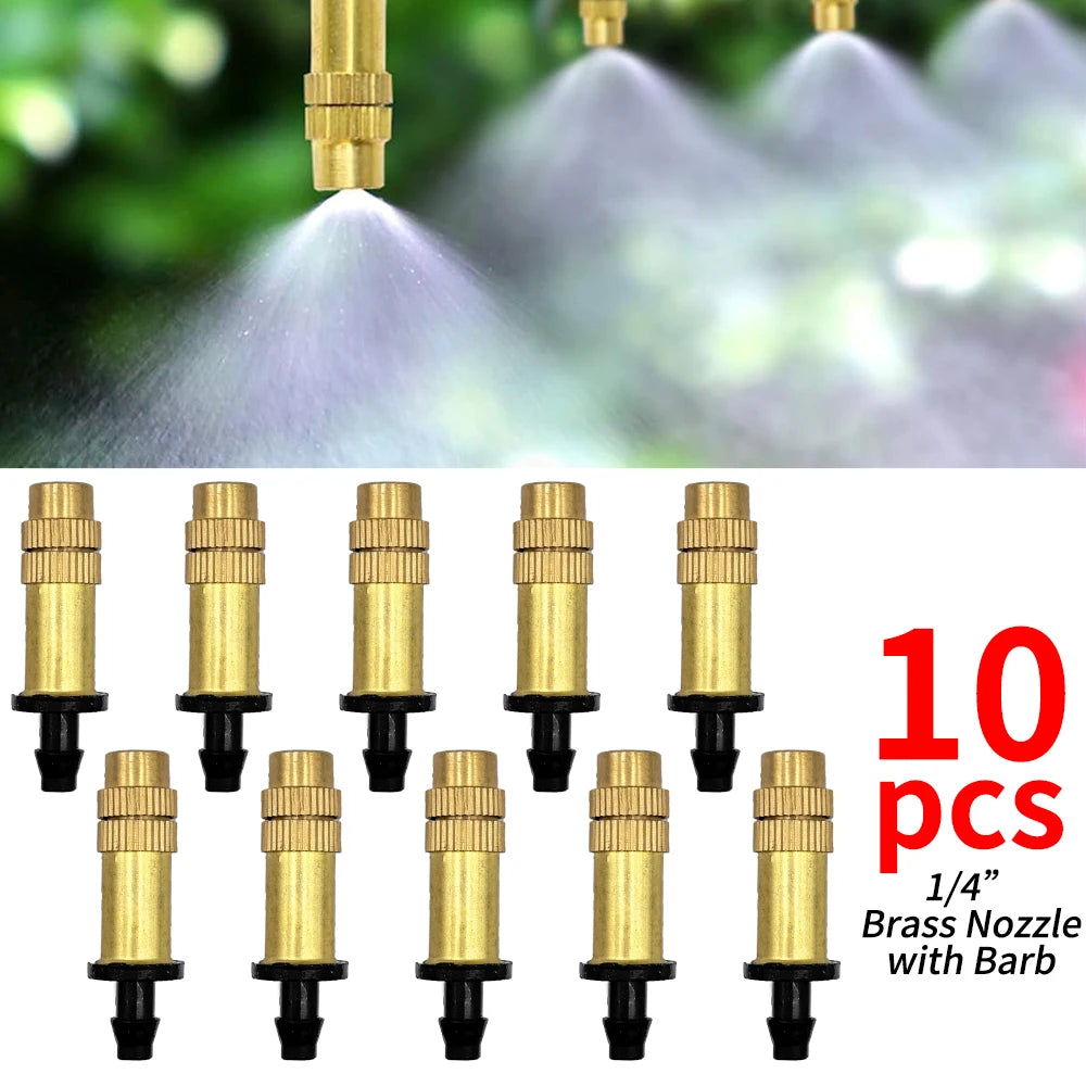 5M-30M Garden Brass Misting Cooling System Irrigation Watering 1/4'' Atomizer Nozzles 4/7mm Hose for Outdoor Greenhouse Pot Peaceful Pleasures Health and Wellness A-10PCS
