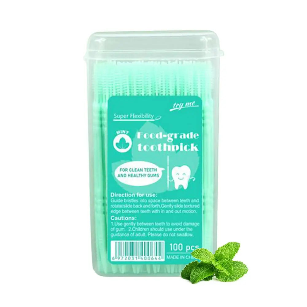 100pcs Flavored Toothpicks 2-Tip Teeth Cleaning with Soft Bristles for Stain Remover Mouth Care Hotel Restaurant Camping Supplie Peaceful Pleasures Health and Wellness Green