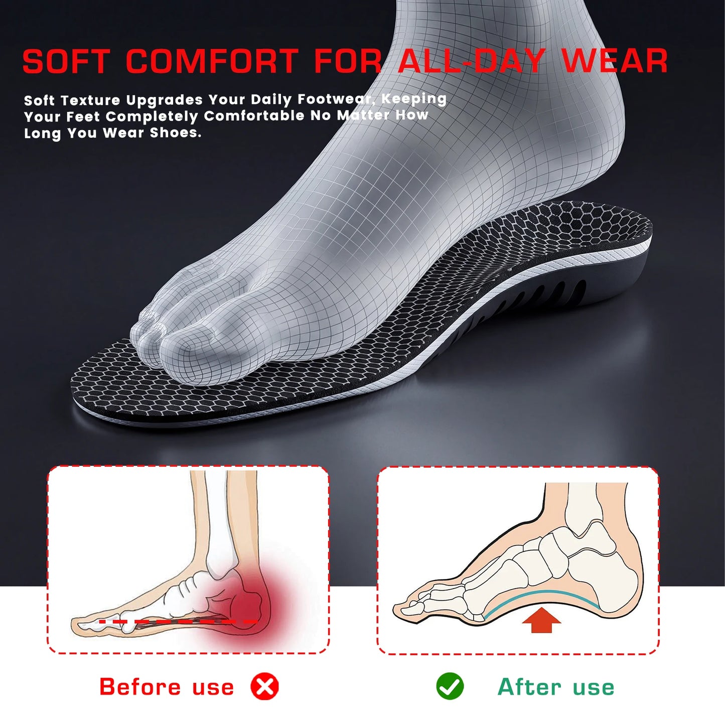 1 Pair EVA Arch Support Orthotics Shock-Absorbing Sports Insoles for Running Walking Standing All Day Foot Pain Relief Shoe Pads Peaceful Pleasures Health and Wellness