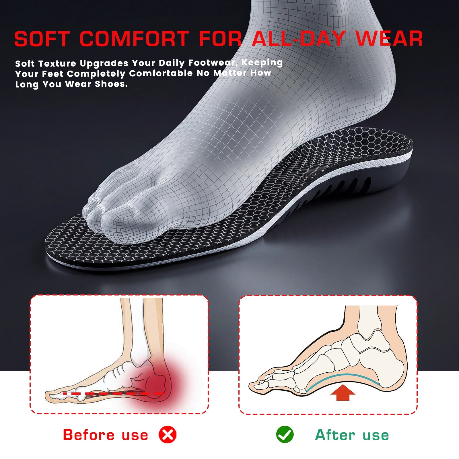 1 Pair EVA Arch Support Orthotics Shock-Absorbing Sports Insoles for Running Walking Standing All Day Foot Pain Relief Shoe Pads Peaceful Pleasures Health and Wellness