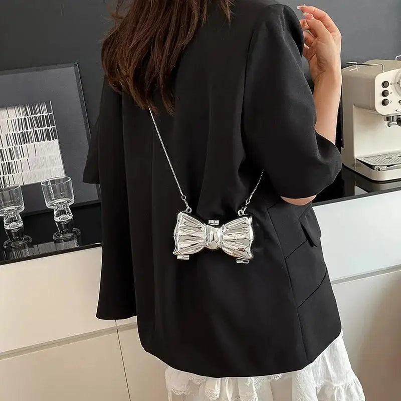 Metal Mini Crossbody Bag | Acrylic Bow Clasp & Chain Strap