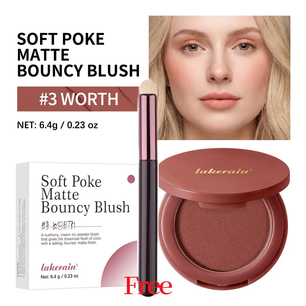 Soft Poke Bouncy Blush&Free Brush Soft Velvety Matte Finish Nude Makeup Monochrome Beginner Women's Blush Palette Cosmetic Peaceful Pleasures Health and Wellness 03 Worth