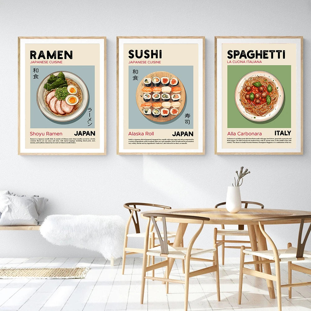 Kitchen Food Poster Pizza Ramen Sushi Spaghetti Kimchi Pancakes Croissant Dumpling Wall Art Canvas Print for Dinning Room Decor Peaceful Pleasures Health and Wellness