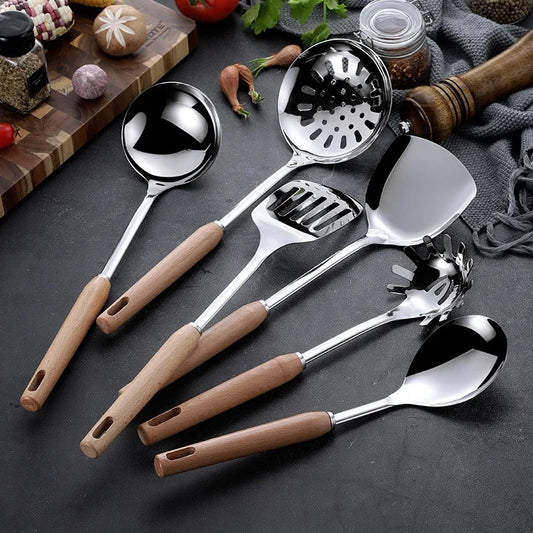 6-Piece Wooden Handle Stainless Steel Kitchen Utensil Set – Beech Wood Cooking Spoons & Spatulas Peaceful Pleasures Health and Wellness