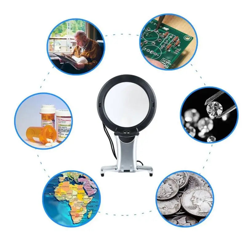 2.5X 6X New Neck Handheld Desktop Large Lens Magnifier with 2 Led Lights Portable Hd Magnifier Elderly Reading Jewellery Peaceful Pleasures Health and Wellness