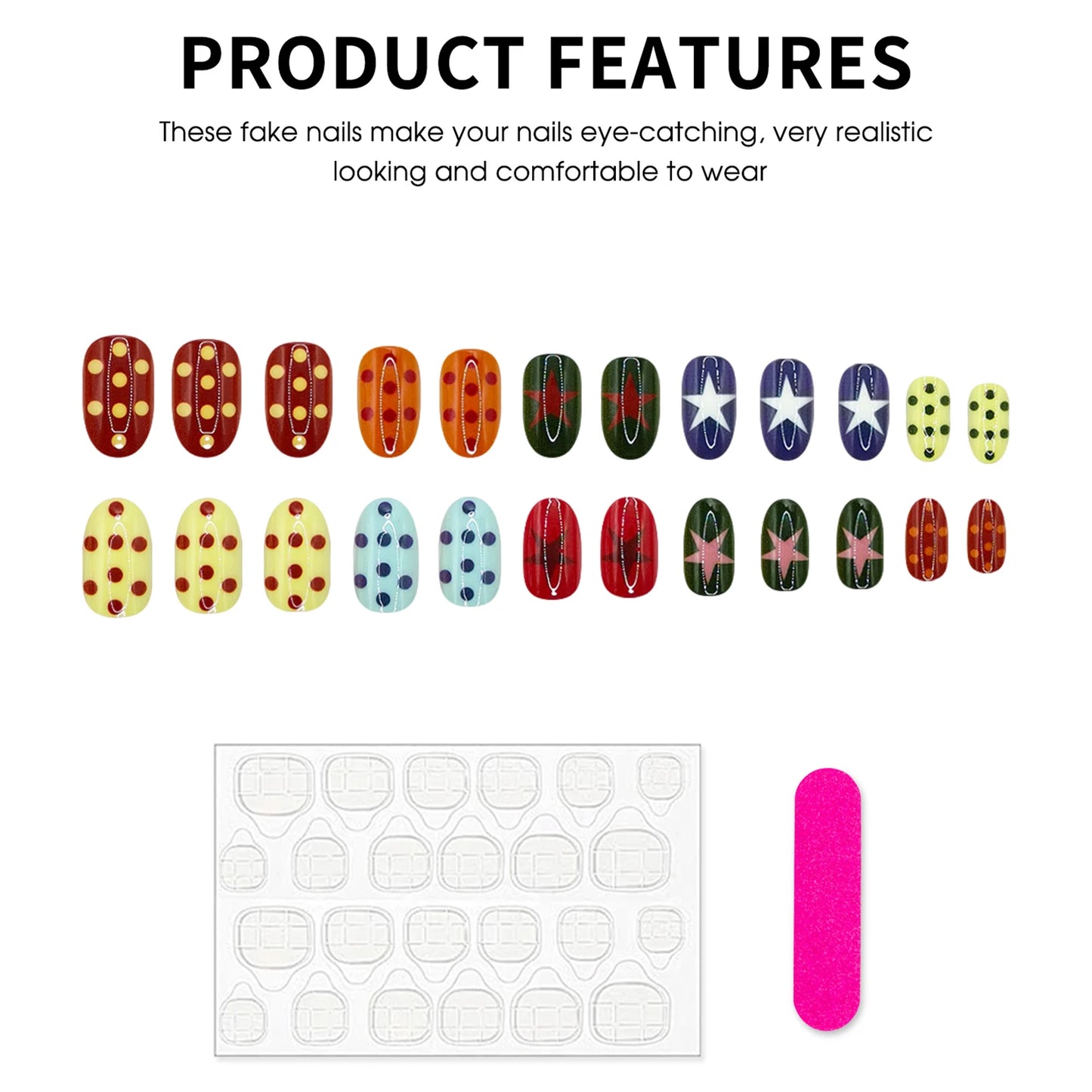 24pcs Colorful Star Dot Reusable Artificial Fingernails Wearable Short Oval Press On Nails Red White Almond False Nails Tips Peaceful Pleasures Health and Wellness