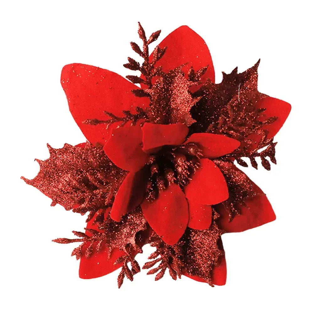 Christmas Glitter Poinsettia Flower Ornament | Xmas Tree Decor