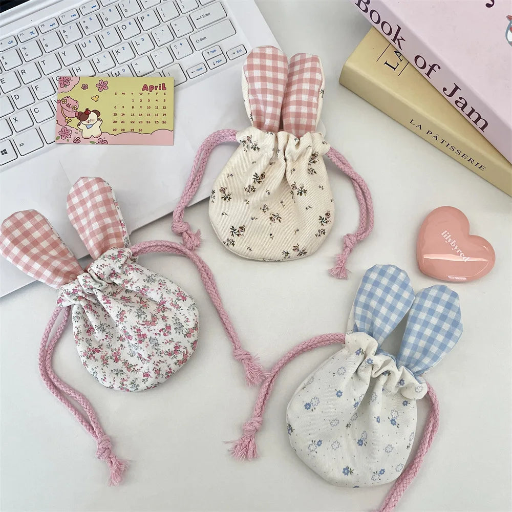 Cute Rabbit Ear Floral Drawstring Storage Bag Outdoor Portable