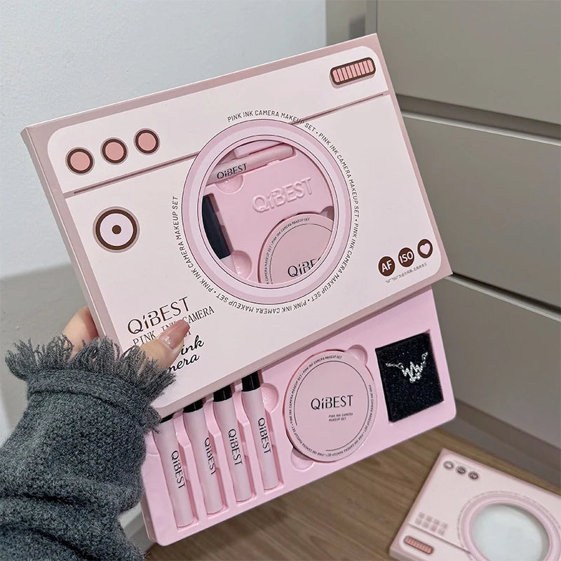 QIBEST Pink Camera Makeup Set Lipstick Pressed Powder Blush Lip Mud Eyeliner Mascara Eyebrow Pen Beauty Gift Box Cosmetic Kits Peaceful Pleasures Health and Wellness