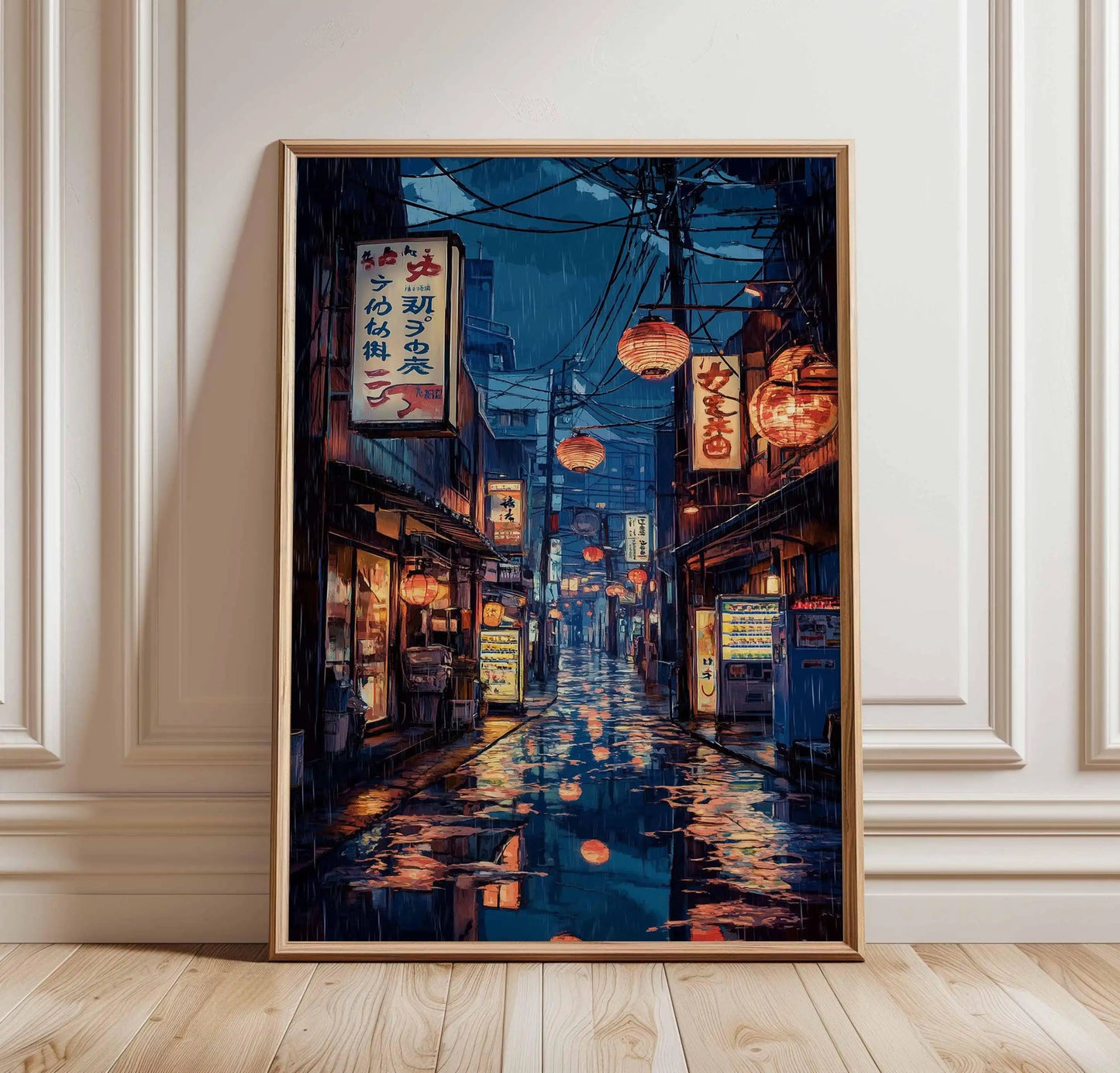 Retro Japanese City Rain Canvas Wall Art Poster | Frameless Canvas Wall Art Peaceful Pleasures Health and Wellness
