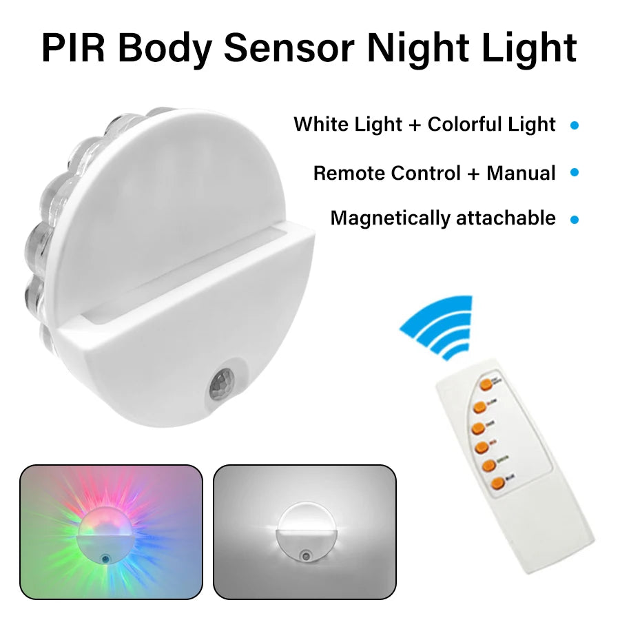 PIR Motion Sensor Night Light With Remote Red Green Blue Colorful Change Ambient Light For Bedroom Bedside Magnetic wall light Peaceful Pleasures Health and Wellness