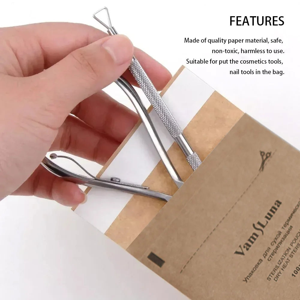 100-Pack Self-Sealing Kraft Sterilization Pouches 100x200mm