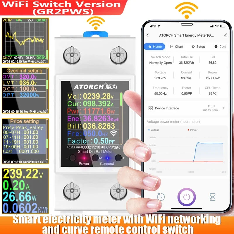 GR2PW AC50-320V 100A Smart Electricity Meter Tuya WiFi Din Rail Power Energy Meter Digital Display Monitor Voltage Curve Ammeter Peaceful Pleasures Health and Wellness GR2PWS WiFi switch 1